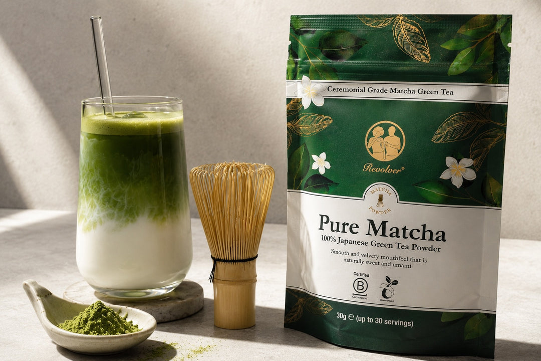 Revolver Hana Premium Matcha ceremonial grade Japanese matcha green tea powder in a white 30g resealable pouch.
